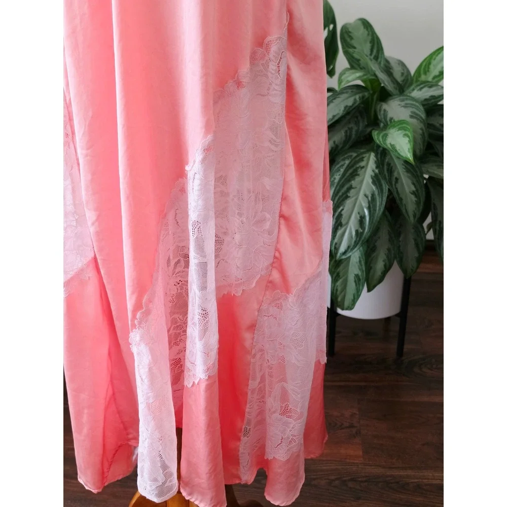 Intimately Free People Coral Pink Lace Maxi Slip Dress XS Boho Lingerie Style‎
